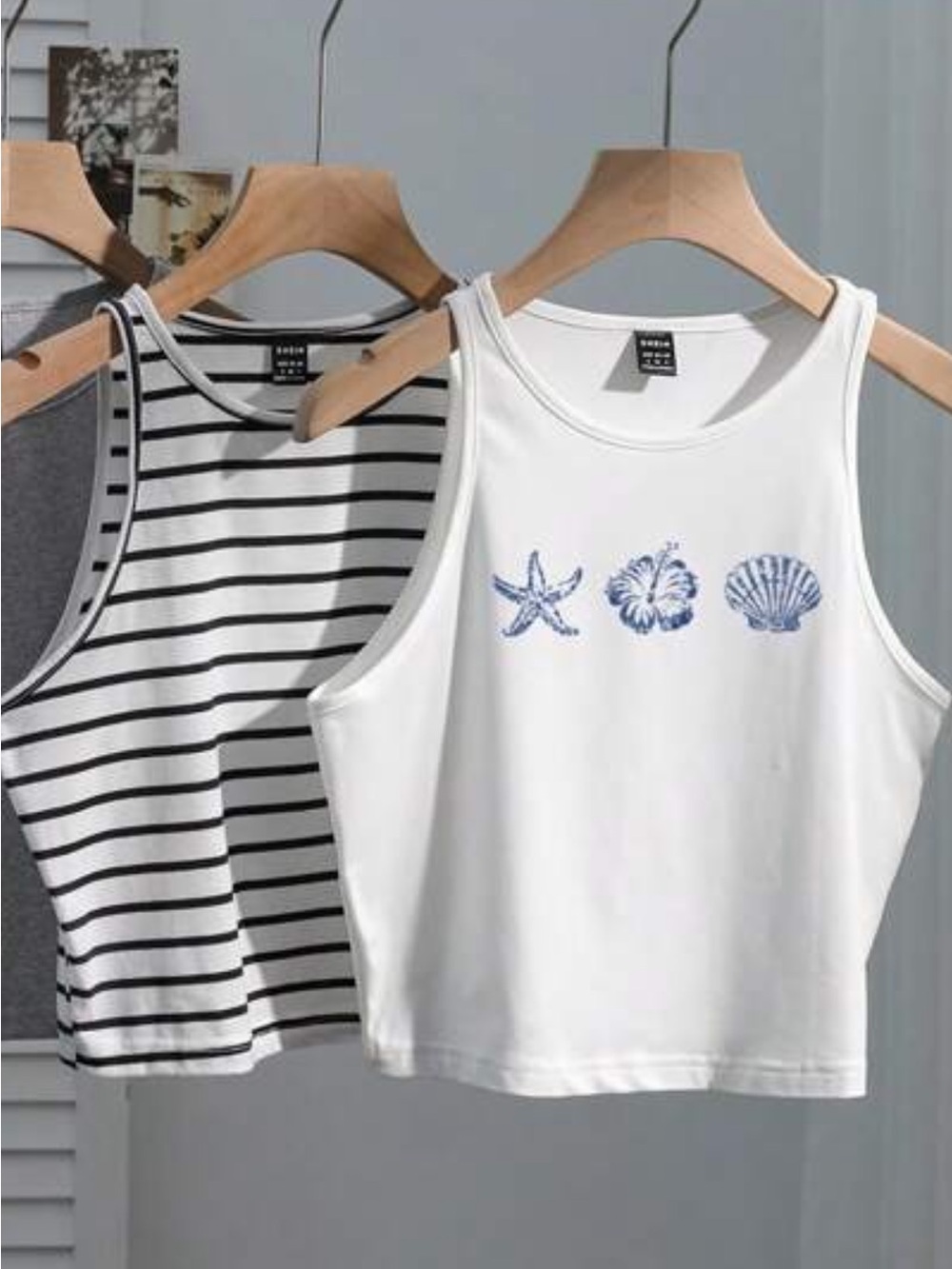 SHEIN White Tank Top with Blue Seashell Motif